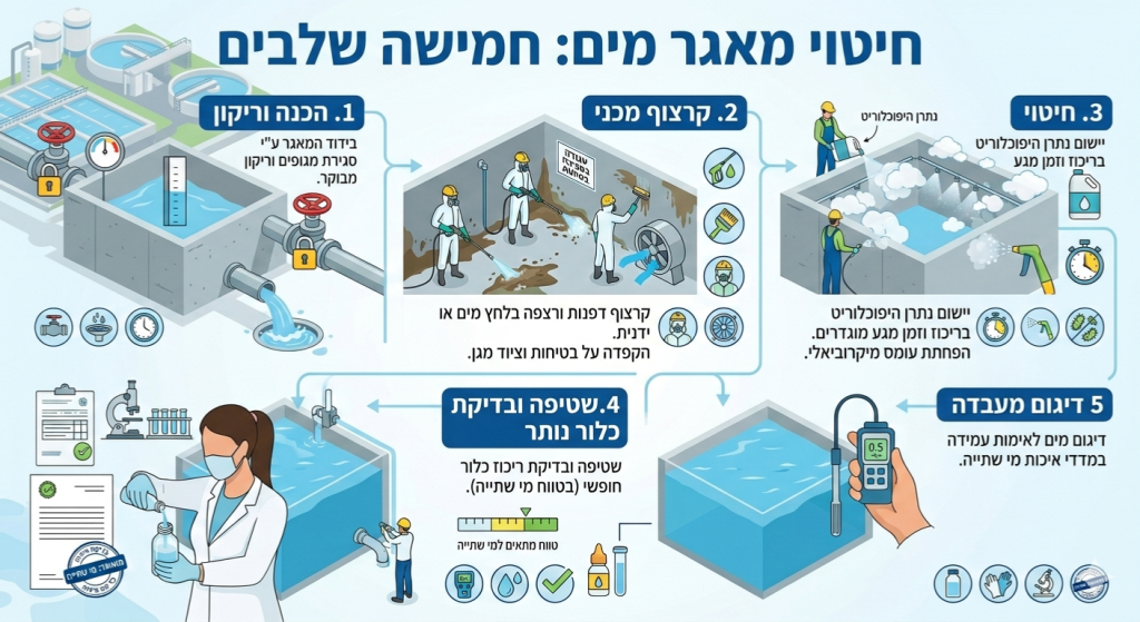 הכנה וריקון: סגירת מגופי הכניסה והיציאה לבידוד המאגר וריקון מבוקר של המים.קרצוף מכני: הסרת משקעים וביופילם מהדפנות והרצפה באופן ידני או בלחץ מים על ידי עובדים שעברו הכשרה מתאימה. כאשר נדרשת כניסה למאגר, העבודה מתבצעת עם ציוד מיגון, אוורור והקפדה על כללי בטיחות לעבודה בסביבה סגורה.חיטוי: יישום תמיסת נתרן היפוכלוריט בריכוז הנדרש. חומר החיטוי שוהה במאגר למשך זמן מגע מוגדר במטרה להפחית עומס מיקרוביאלי ולהחזיר את המערכת לערכי איכות תקינים.שטיפה ובדיקת "כלור נותר": לאחר מילוי המאגר מחדש, מבצעים בדיקת כלור חופשי כדי לוודא שלא נותר ריכוז חריג של חומר חיטוי וששארית הכלור נמצאת בטווח המתאים למי שתייה.דיגום מעבדה: בסיום התהליך, ובהתאם לדרישות, מתבצע דיגום מים כשלב אימות לכך שדגימת המים עומדת במדדי איכות מי השתייה במועד הדיגום.